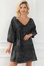Load image into Gallery viewer, Babydoll Dress | Black Pleated V Neck Puff Sleeve Denim
