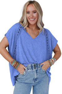 Oversized Blue Top  | Sky Blue Crochet Lace Detail Tee