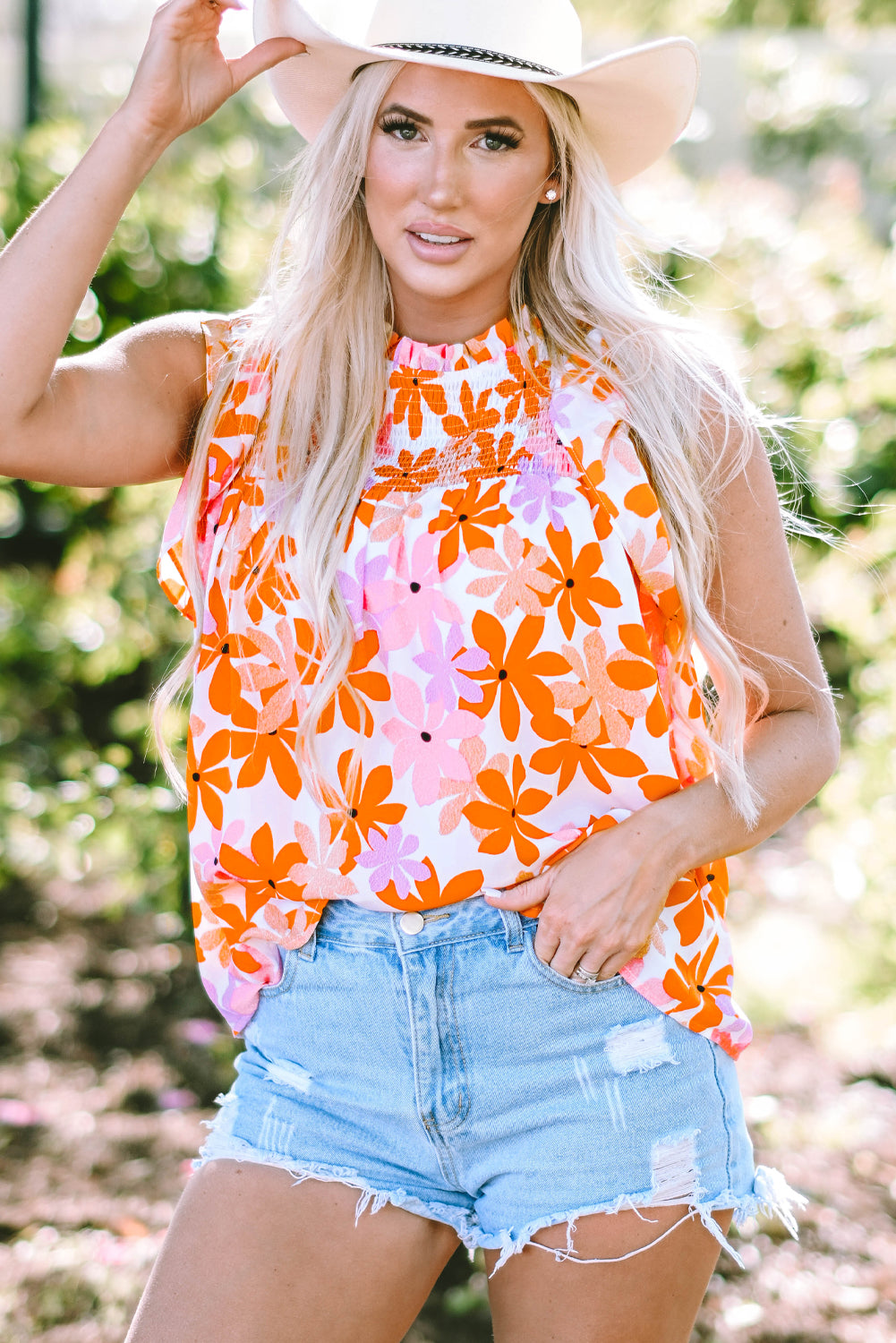 Orange Ruffled Sleeve Smocked Floral Top | Tops/Blouses & Shirts