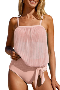 Pink Striped Mesh Knotted Hem Tankini Swimsuit | Swimwear/Tankinis