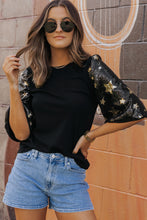 Load image into Gallery viewer, Sequin Top | Black Star Splicing Half Sleeve Top
