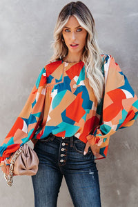 Multicolor Abstract Pattern Crewneck Ruffled Puff Sleeve Blouse | Tops/Blouses & Shirts