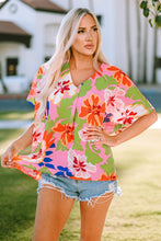 Load image into Gallery viewer, Pink Floral Print Loose Fit V Neck Tunic Blouse | Tops/Blouses &amp; Shirts
