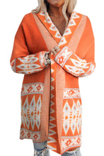 Load image into Gallery viewer, Open Knit Cardigan | Orange Printed Aztec Print Sweater
