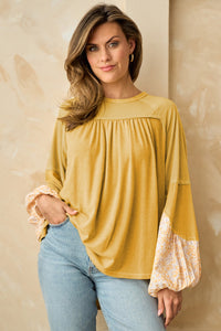 Beige Floral Colorblock Balloon Sleeve Exposed Seam Top | Tops/Long Sleeve Tops