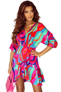 Multicolor Abstract Printed V Neck Dolman Sleeve Ruffle Wrap Dress | Dresses/Mini Dresses