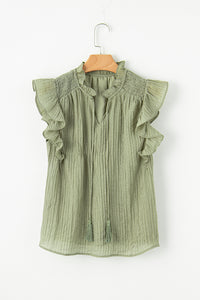 Flutter Sleeve Blouse | Mist Green V Neck Textured Top