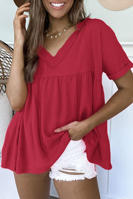 Fiery Red Frayed V Neck Ruffled Babydoll Blouse | Tops/Blouses & Shirts