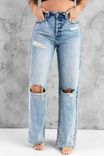 Load image into Gallery viewer, Sky Blue Distressed Hollow-out Knees Wide Leg Jeans | Bottoms/Jeans
