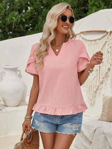 Ruffled Notched Petal Sleeve Blouse | Tops/Tank Tops