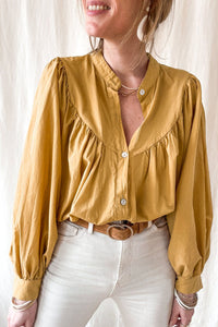 Puff Sleeve Top | Yellow Pleated Loose Shirt