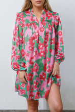 Load image into Gallery viewer, Pink Split V Neck Bubble Sleeve Loose Floral Dress | Dresses/Floral Dresses
