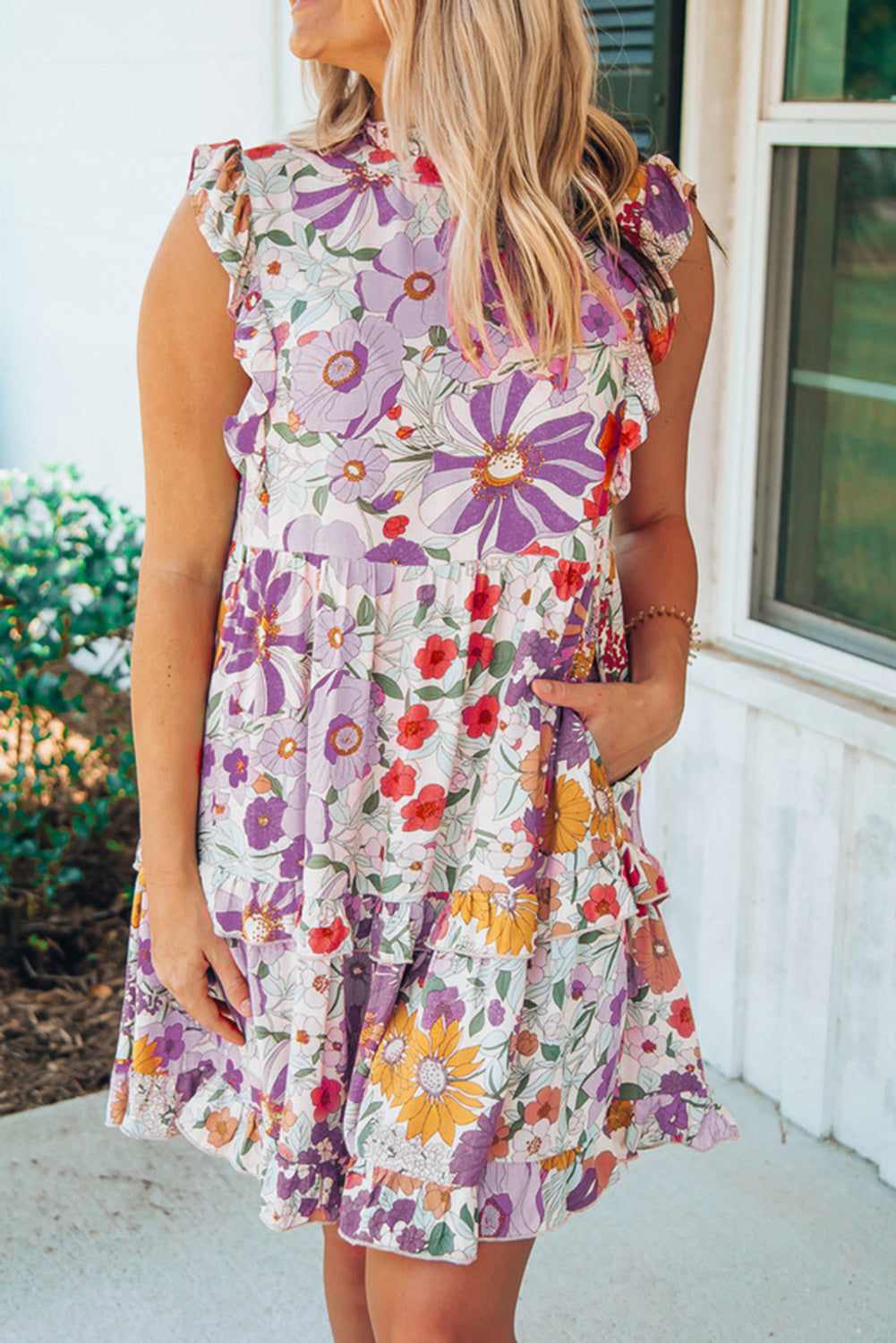 Purple White Ruffled Tank Floral Dress | Dresses/Floral Dresses