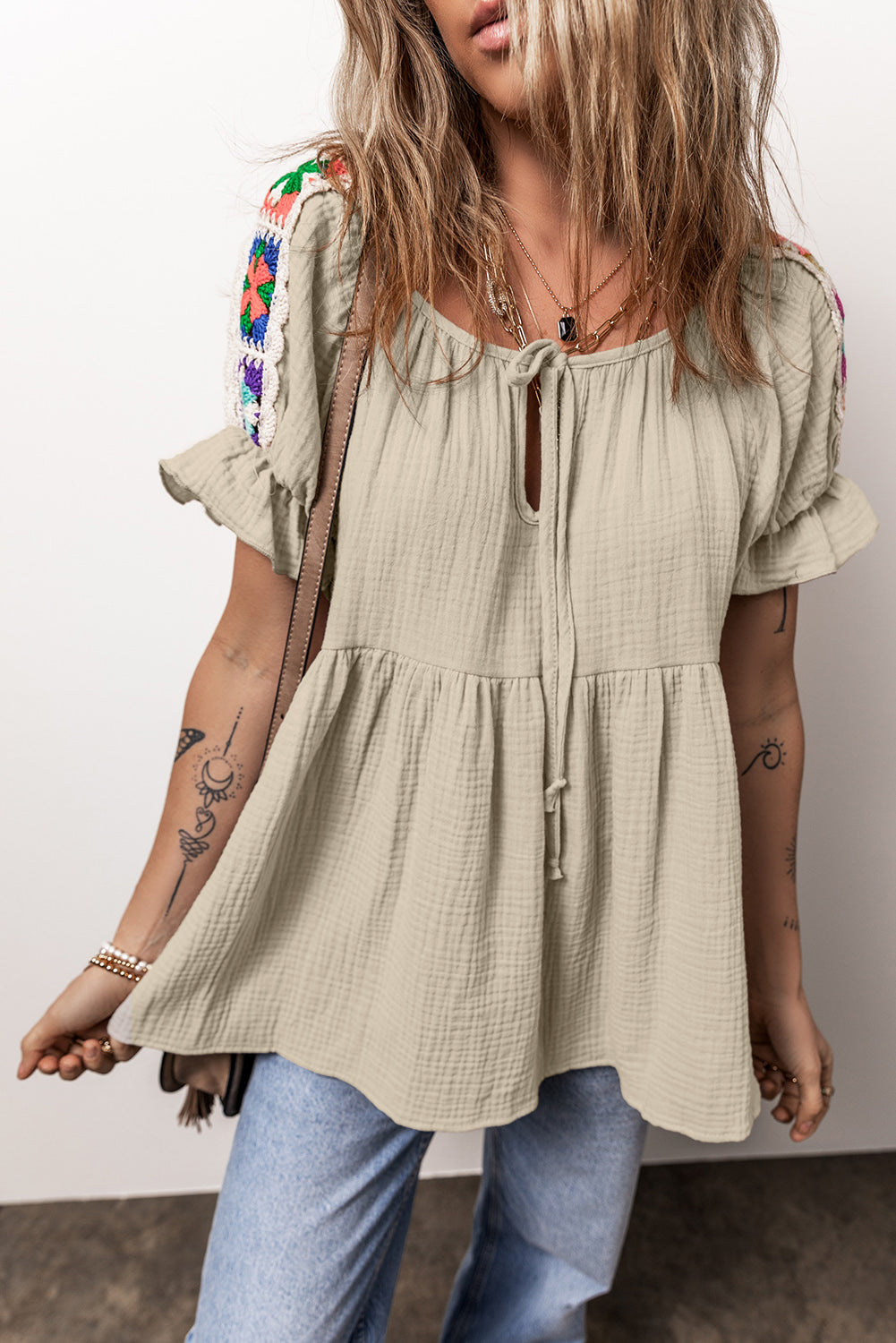 Womens Bohemian Blouse | Embroidered Tie Neck Short Sleeve Blouse | Top