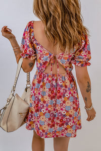 Pink Square Neck Short Puff Sleeves Floral Dress | Dresses/Floral Dresses