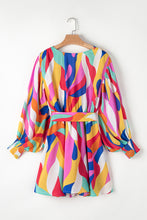 Load image into Gallery viewer, Puff Sleeve Dress | Multicolor Abstract Printed Belted
