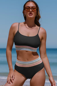 Black Striped Patchwork Spaghetti Strap High Waist Bikini Swimsuit | Swimwear/High Waisted Swimsuit