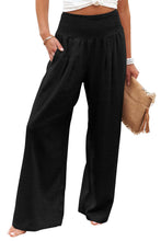 Load image into Gallery viewer, Black Shirred High Waist Plus Size Wide Leg Pants | Plus Size/Plus Size Bottoms
