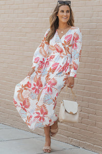 Maxi Dress | Tropical Plant Print Long Sleeve Wrap Dress