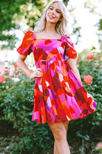 Load image into Gallery viewer, Red Abstract Print Square Neck Puff Sleeve Dress | Dresses/Mini Dresses
