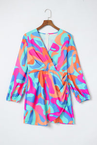 Puff Sleeve Dress | Multi-Color Abstract Print Wrap V Neck