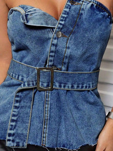 Denim Tube Top | Buttons Raw Hem