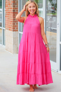 Maxi Dress | Rose Red High Frilled Neck Tiered Sleeveless