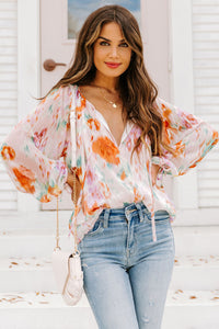 Womens Blouse | Multicolor Abstract Print Split Neck Puff Sleeve Blouse | Tops/Blouses & Shirts