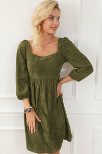 Jungle Green Suede Square Neck Puff Sleeve Dress