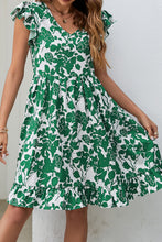 Load image into Gallery viewer, Dark Green Leaf Print V Neck Flutter Sleeve Dress | Dresses/Mini Dresses
