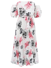 Load image into Gallery viewer, Off Shoulder Midi Dress | Pleated Floral Short Sleeve Dress
