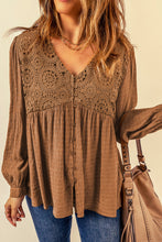 Load image into Gallery viewer, Brown Lace Crochet Buttoned V Neck Babydoll Top | Tops/Blouses &amp; Shirts
