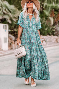 Sky Blue Paisley Print Boho Holiday Ruffle Tiered Maxi Dress | Dresses/Maxi Dresses