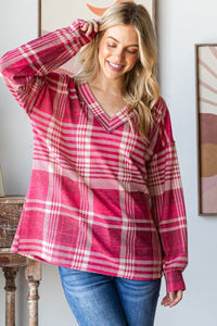 Pink Plaid V-Neck T-Shirt