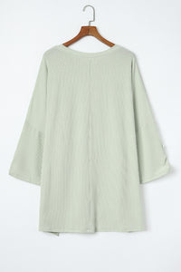 Oversized Top | Green Ribbed Roll-Tab Sleeve Chest Pocket