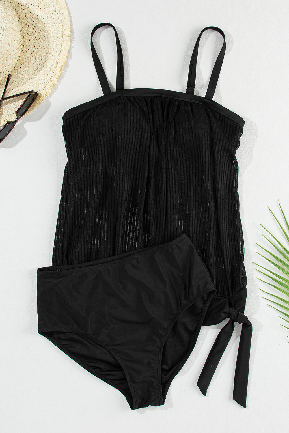 Black Striped Mesh Knotted Hem Tankini Swimsuit | Swimwear/Tankinis