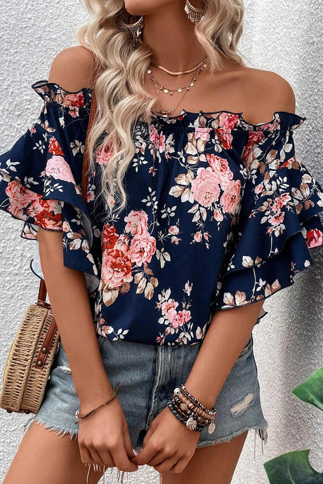 Blue Ruffle Off Shoulder Flounce Sleeve Floral Blouse | Tops/Blouses & Shirts