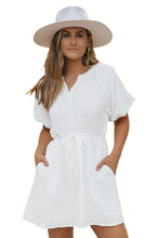 Load image into Gallery viewer, Puff Sleeve Dress |  Drawstring Shirt Dress with Pockets
