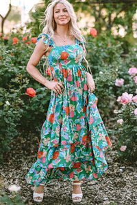 Green Floral Print Sleeveless Ruffle Tiered Maxi Dress | Dresses/Floral Dresses