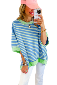 Hi Low T Shirt | Sky Blue Stripe Oversized Contrast Trim Top