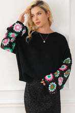 Load image into Gallery viewer, Black Floral Crochet Bell Sleeve Loose Sweater | Tops/Sweaters &amp; Cardigans
