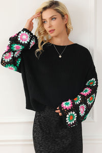 Black Floral Crochet Bell Sleeve Loose Sweater | Tops/Sweaters & Cardigans