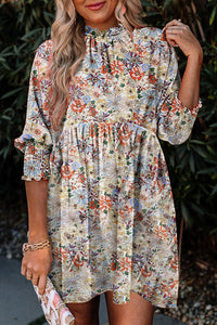 Purple Printed Boho Floral Frilled Neck Shirred Bracelet Sleeve Dress | Dresses/Floral Dresses