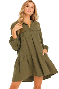 Puff Sleeve Dress | Green Frayed Trim Flared Dress