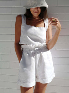 White Shorts Set | Square Neck Sleeveless Top Shorts Set