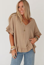 Load image into Gallery viewer, Light French Beige Loose Ruffled V Neck Blouse
