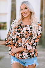 Load image into Gallery viewer, Brown Floral Print 3/4 Sleeve Babydoll Blouse | Tops/Blouses &amp; Shirts
