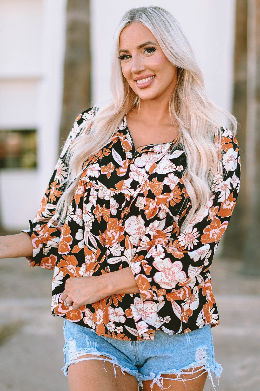 Brown Floral Print 3/4 Sleeve Babydoll Blouse | Tops/Blouses & Shirts