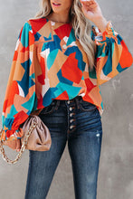 Load image into Gallery viewer, Multicolor Abstract Pattern Crewneck Ruffled Puff Sleeve Blouse | Tops/Blouses &amp; Shirts
