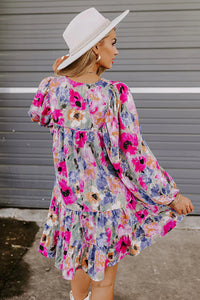 Multicolour Floral Tie Neck Bubble Sleeve Shift Dress | Dresses/Floral Dresses